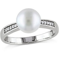 Miabella fehér kerek tenyésztett édesvízi gyöngy és gyémánt-Accent Sterling ezüst koktélgyűrű