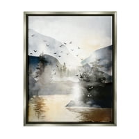 Stupell repülõ madarak hegyi tó nézet tájfestés szürke úszó keretes művészeti nyomtatási fal művészet