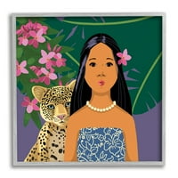 Stupell Industries Portré Girl Leopard Friend Pink Flowers Level, 12, Sally Springer Griffith tervezése