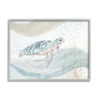 Stupell Industries Sodráló tengeri teknős nyugodt óceánhullám légkör festés szürke keretes művészeti nyomtatási fal művészet,